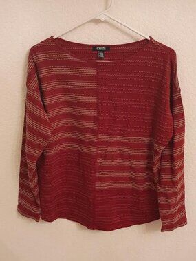 CHAPS WOMEN'S TOP BERRY RED LONG SLEEVE PULLOVER STRETCH STRIPED SIZE MEDIUM